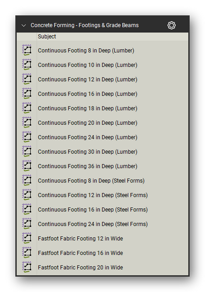 Footings and grade beams in the Concrete Forming Takeoff & Estimating Bluebeam tool set (sheet 1 of 4)