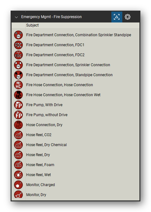 Incident & Emergency Management tool set for Bluebeam Revu, Fire Suppression set (tools 1-17 of 48) - 17 tools: Fire Department Connection, Combination, Fire Department Connection, FDC1, Fire Department Connection, FDC2, Fire Department Connection, Sprinkler, Fire Department Connection, Standpipe, Fire Hose Connection, Hose Connection, Fire Hose Connection, Hose Connection Wet, Fire Pump, With Drive, Fire Pump, without Drive and more. Tool Chest in Detail view, one row per tool with its name.