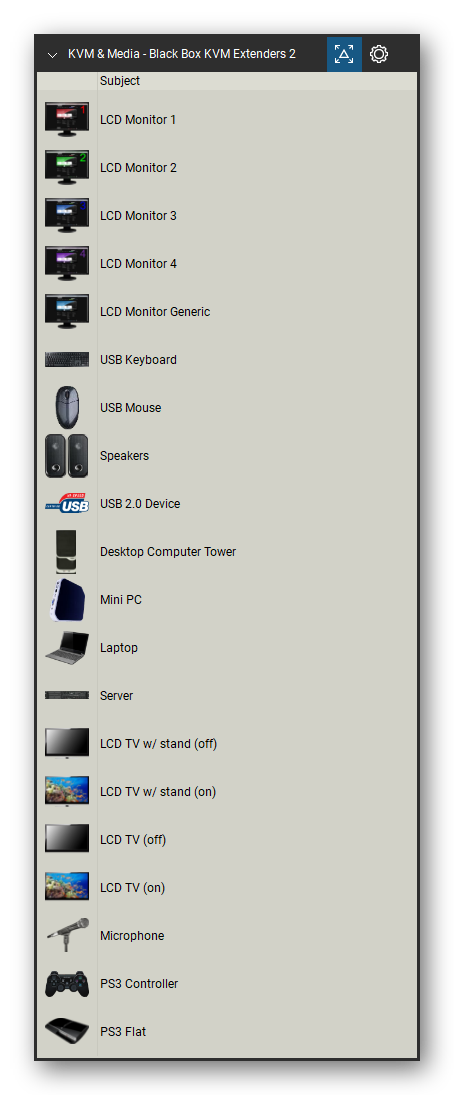 KVM, Console Servers & Media Converters tool set for Bluebeam Revu, Black Box KVM Extenders 2 set (tools 1-20 of 86) - 20 tools: LCD Monitor 1, LCD Monitor 2, LCD Monitor 3, LCD Monitor 4, LCD Monitor Generic, USB Keyboard, USB Mouse, Speakers, USB 2.0 Device, Desktop Computer Tower and 10 more. Tool Chest in Detail view, one row per tool with its name.