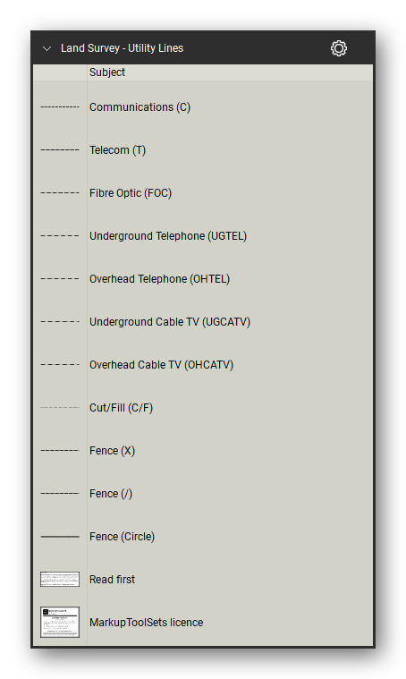 Land Survey tool set for Bluebeam Revu, Utility Lines set (part 2 of 2) - 25 lettered utility lines: water (W), sewer (S), stormwater (SW), storm (ST), sanitary (SS), drain (D), gas (G, GAS), fuel line (FL), electricity underground and overhead, underground and overhead power, telephone and cable TV, communications, telecom, fibre optic, cut/fill and fence lines. Tool Chest in Detail view, one row per tool with its full name.