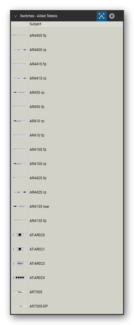 Network Switches & Routers tool set for Bluebeam Revu, Allied Telesis set (tools 1-20 of 285) - 20 tools: AR440S fp, AR440S rp, AR441S fp, AR441S rp, AR450 rp, AR450 fp, AR410 rp, AR410 fp, AR410S fp, AR410S rp and 10 more. Tool Chest in Detail view, one row per tool with its name.