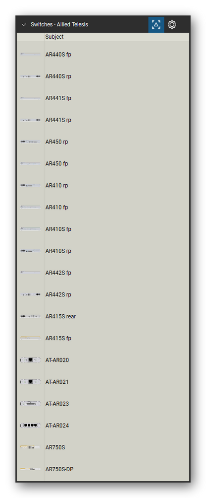 Network Switches & Routers tool set for Bluebeam Revu, Allied Telesis set (tools 1-20 of 285) - 20 tools: AR440S fp, AR440S rp, AR441S fp, AR441S rp, AR450 rp, AR450 fp, AR410 rp, AR410 fp, AR410S fp, AR410S rp and 10 more. Tool Chest in Detail view, one row per tool with its name.