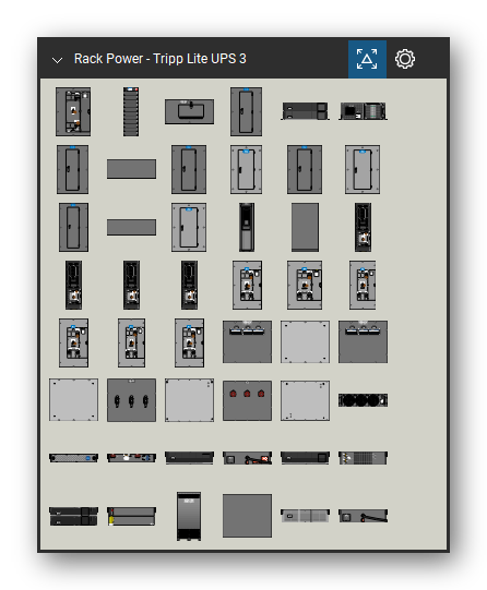 Rack Power tool set for Bluebeam Revu, Tripp Lite UPS 3 set (tools 1-48 of 220) - 48 views of 36 devices, front, rear and top: SU120KMBPKX, SU120KXNP, SU2030KMBP, SU20KMBPK, SU20KXFMRT4U, SU30KMBPK, SU40/60KMBPK, SU40KMBPK, SU40KMBPKX, SU60KMBPK and 26 more. Tool Chest in Symbol view.
