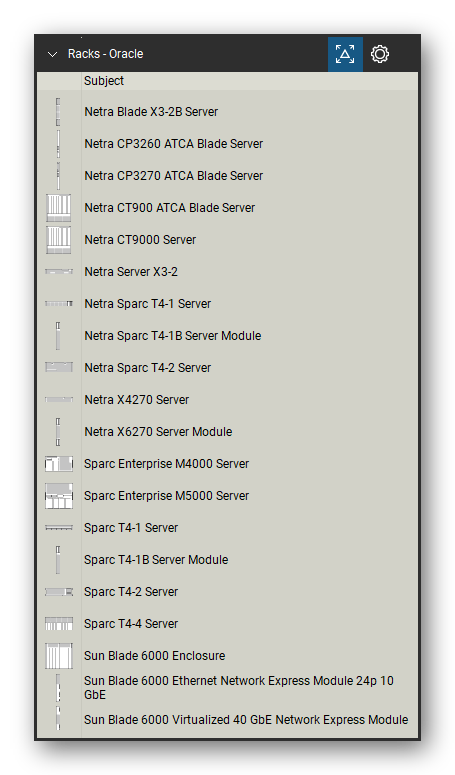 Racks tool set for Bluebeam Revu, Oracle set (part 1 of 2) - 37 Oracle devices: Netra and SPARC servers, Sun Blade 6000 enclosure and modules, Sun and SunFire servers, Sun ZFS storage and Sun network switches. Tool Chest in Detail view, one row per tool with its name.