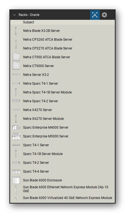 Racks tool set for Bluebeam Revu, Oracle set (part 1 of 2) - 37 Oracle devices: Netra and SPARC servers, Sun Blade 6000 enclosure and modules, Sun and SunFire servers, Sun ZFS storage and Sun network switches. Tool Chest in Detail view, one row per tool with its name.