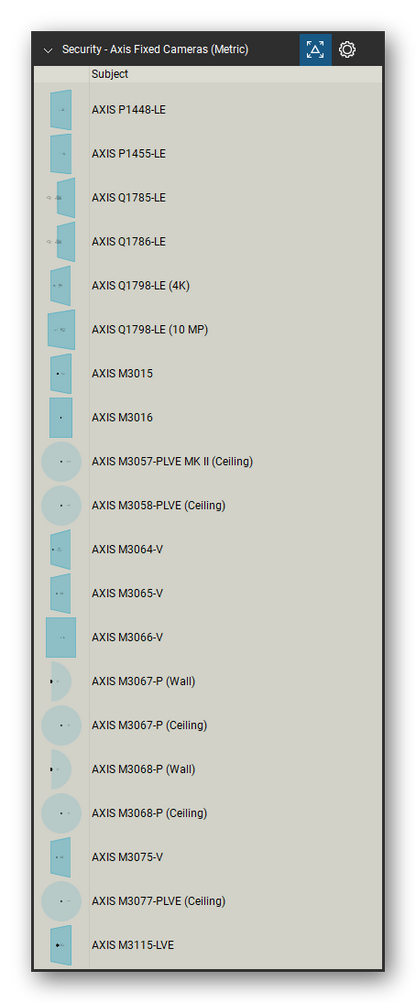 Security & Surveillance tool set for Bluebeam Revu, Axis Fixed Cameras (Metric) set (tools 41-60 of 103) - 20 tools: AXIS P1448-LE, AXIS P1455-LE, AXIS Q1785-LE, AXIS Q1786-LE, AXIS Q1798-LE (4K), AXIS Q1798-LE (10 MP), AXIS M3015, AXIS M3016, AXIS M3057-PLVE MK II (Ceiling), AXIS M3058-PLVE (Ceiling) and 10 more. Tool Chest in Detail view, one row per tool with its name.