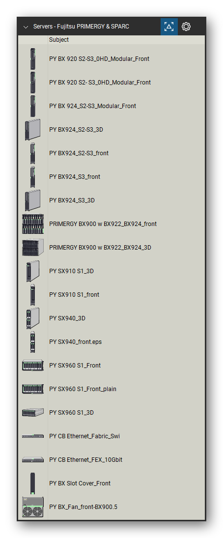 Servers tool set for Bluebeam Revu, Fujitsu PRIMERGY & SPARC set (tools 1-20 of 202) - 20 tools: PY BX 920 S2-S3_0HD_Modular_Front, PY BX 920 S2- S3_0HD_Modular_Front, PY BX 924_S2-S3_Modular_Front, PY BX924_S2-S3_3D, PY BX924_S2-S3_front, PY BX924_S3_front, PY BX924_S3_3D, PRIMERGY BX900 w BX922_BX924_front, PRIMERGY BX900 w BX922_BX924_3D, PY SX910 S1_3D and 10 more. Tool Chest in Detail view, one row per tool with its name.