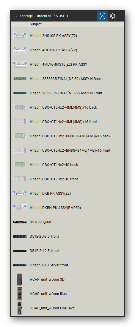 Storage & Backup tool set for Bluebeam Revu, Hitachi VSP & USP 1 set (tools 1-20 of 211) - 20 views of 16 devices, front, rear and isometric: Hitachi 2HS10S PK ASSY(Z2), Hitachi 4HF32R PK ASSY(Z2), Hitachi 4ML16 4MS16(Z2) PK ASSY, Hitachi 2856835 FINAL(NF R9) ASSY N, Hitachi CBX+CTLHx2+4ML(4MS)x16, Hitachi CBX+CTLHx2+BN8G+84ML(4MS)x16, Hitachi CBX+CTLHx2+IO, Hitachi DKB PK ASSY(Z2), Hitachi DKBN PK ASSY(PMF50), D51B-2U_rear and 6 more. Tool Chest in Detail view, one row per tool with its name.