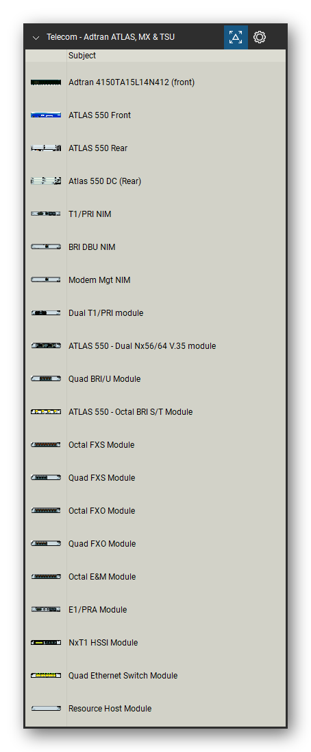 Telecom, Voice & Wireless tool set for Bluebeam Revu, Adtran ATLAS, MX & TSU set (tools 1-20 of 197) - 20 views of 19 devices, front and rear: Adtran 4150TA15L14N412, ATLAS 550, Atlas 550 DC, T1/PRI NIM, BRI DBU NIM, Modem Mgt NIM, Dual T1/PRI module, ATLAS 550 - Dual Nx56/64 V.35 module, Quad BRI/U Module, ATLAS 550 - Octal BRI S/T Module and 9 more. Tool Chest in Detail view, one row per tool with its name.