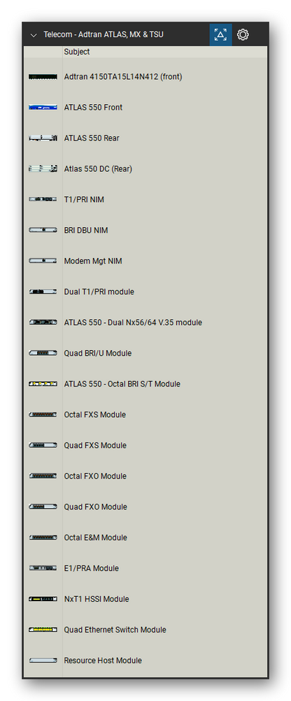 Telecom, Voice & Wireless tool set for Bluebeam Revu, Adtran ATLAS, MX & TSU set (tools 1-20 of 197) - 20 views of 19 devices, front and rear: Adtran 4150TA15L14N412, ATLAS 550, Atlas 550 DC, T1/PRI NIM, BRI DBU NIM, Modem Mgt NIM, Dual T1/PRI module, ATLAS 550 - Dual Nx56/64 V.35 module, Quad BRI/U Module, ATLAS 550 - Octal BRI S/T Module and 9 more. Tool Chest in Detail view, one row per tool with its name.