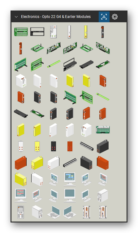 Automation & Electronics tool set for Bluebeam Revu, Opto 22 G4 & Earlier Modules set (tools 1-72 of 214) - 72 views of 47 devices, front, side, top, bottom and isometric: G4 32-Channel Rack Board, G4PB32R Rack Mount Chassis, G4 REG Module, G4 IDC Module (White), G4 IAC Module (Yellow), G4 OAC Module (Black), G4 ODC Module (Red), G4 32-Channel Rack Board, Isometric, G4D32EB2 Brain Board with Bracket, G4D32EB2 Brain Board, Isometric and 37 more. Tool Chest in Symbol view.