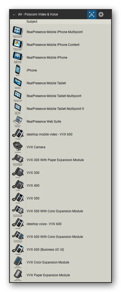 AV, Broadcast & Stage Lighting tool set for Bluebeam Revu, Polycom Video & Voice set (tools 1-20 of 77) - 20 tools: RealPresence Mobile iPhone Multipoint, RealPresence Mobile iPhone Content, RealPresence Mobile iPhone, iPhone, RealPresence Mobile Tablet, RealPresence Mobile Tablet Multipoint, RealPresence Mobile Tablet Multipoint 9, RealPresence Web Suite, desktop mobile video - VVX 600, VVX Camera and 10 more. Tool Chest in Detail view, one row per tool with its name.
