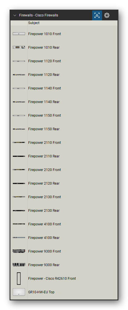 Firewalls & Security Appliances tool set for Bluebeam Revu, Cisco Firewalls set (tools 1-20 of 173) - 20 views of 11 devices, front, rear and top: Firepower 1010, Firepower 1120, Firepower 1140, Firepower 1150, Firepower 2110, Firepower 2120, Firepower 2130, Firepower 4100, Firepower 9300, Firepower - Cisco R42610 and 1 more. Tool Chest in Detail view, one row per tool with its name.