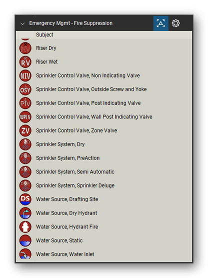 Incident & Emergency Management tool set for Bluebeam Revu, Fire Suppression set (tools 18-33 of 48) - 16 tools: Riser Dry, Riser Wet, Sprinkler Control Valve, Non Indicating, Sprinkler Control Valve, Outside Screw, Sprinkler Control Valve, Post Indicating, Sprinkler Control Valve, Wall Post, Sprinkler Control Valve, Zone Valve, Sprinkler System, Dry, Sprinkler System, PreAction, Sprinkler System, Semi Automatic and 6 more. Tool Chest in Detail view, one row per tool with its name.