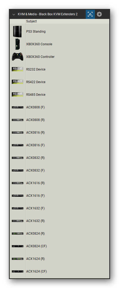 KVM, Console Servers & Media Converters tool set for Bluebeam Revu, Black Box KVM Extenders 2 set (tools 21-40 of 86) - 20 views of 13 devices, front and rear: PS3 Standing, XBOX360 Console, XBOX360 Controller, RS232 Device, RS422 Device, RS485 Device, ACX0808, ACX0816, ACX0832, ACX1616 and 3 more. Tool Chest in Detail view, one row per tool with its name.