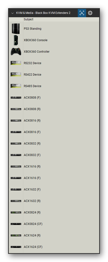 KVM, Console Servers & Media Converters tool set for Bluebeam Revu, Black Box KVM Extenders 2 set (tools 21-40 of 86) - 20 views of 13 devices, front and rear: PS3 Standing, XBOX360 Console, XBOX360 Controller, RS232 Device, RS422 Device, RS485 Device, ACX0808, ACX0816, ACX0832, ACX1616 and 3 more. Tool Chest in Detail view, one row per tool with its name.