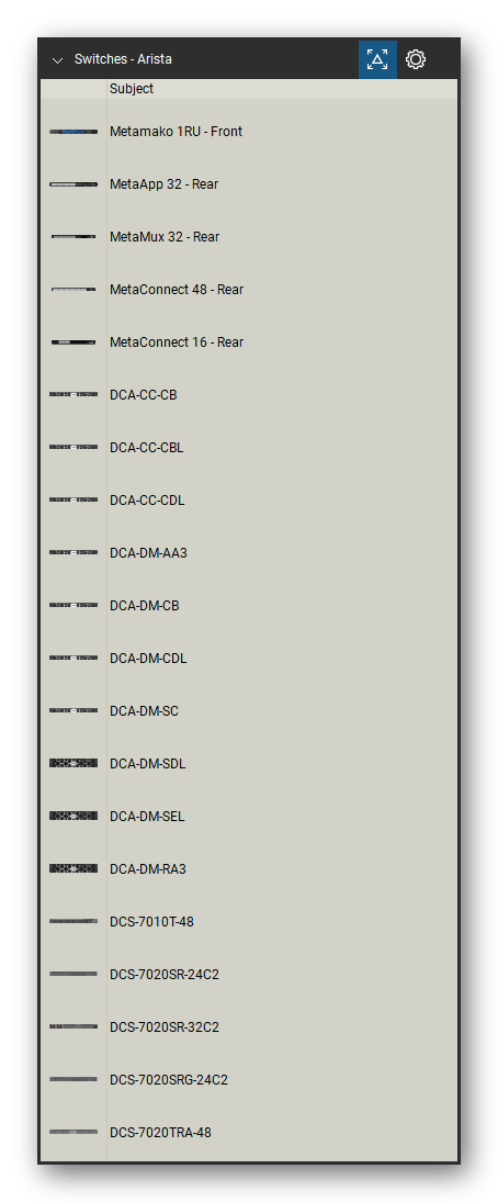 Network Switches & Routers tool set for Bluebeam Revu, Arista set (tools 1-20 of 229) - 20 tools: Metamako 1RU, MetaApp 32, MetaMux 32, MetaConnect 48, MetaConnect 16, DCA-CC-CB, DCA-CC-CBL, DCA-CC-CDL, DCA-DM-AA3, DCA-DM-CB and 10 more. Tool Chest in Detail view, one row per tool with its name.