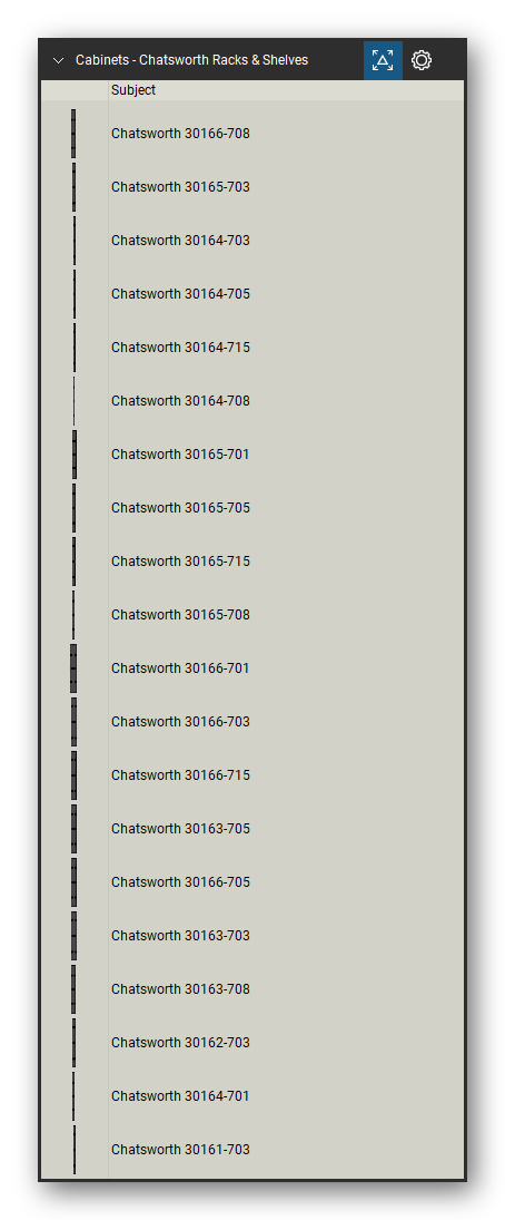 Racks, Cabinets & Cable Pathways tool set for Bluebeam Revu, Chatsworth Racks & Shelves set (tools 1-20 of 139) - 20 tools: Chatsworth 30166-708, Chatsworth 30165-703, Chatsworth 30164-703, Chatsworth 30164-705, Chatsworth 30164-715, Chatsworth 30164-708, Chatsworth 30165-701, Chatsworth 30165-705, Chatsworth 30165-715, Chatsworth 30165-708 and 10 more. Tool Chest in Detail view, one row per tool with its name.