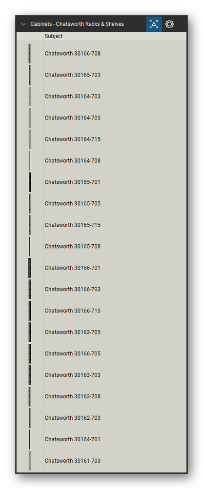 Racks, Cabinets & Cable Pathways tool set for Bluebeam Revu, Chatsworth Racks & Shelves set (tools 1-20 of 139) - 20 tools: Chatsworth 30166-708, Chatsworth 30165-703, Chatsworth 30164-703, Chatsworth 30164-705, Chatsworth 30164-715, Chatsworth 30164-708, Chatsworth 30165-701, Chatsworth 30165-705, Chatsworth 30165-715, Chatsworth 30165-708 and 10 more. Tool Chest in Detail view, one row per tool with its name.