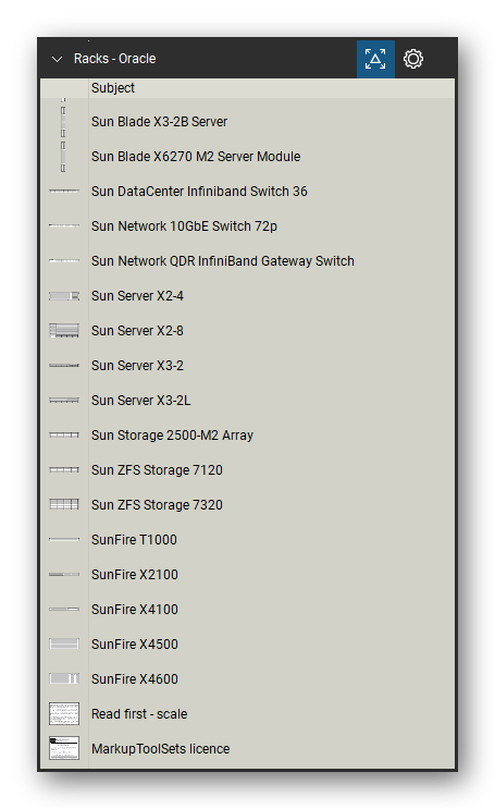 Racks tool set for Bluebeam Revu, Oracle set (part 2 of 2) - 37 Oracle devices: Netra and SPARC servers, Sun Blade 6000 enclosure and modules, Sun and SunFire servers, Sun ZFS storage and Sun network switches. Tool Chest in Detail view, one row per tool with its name.