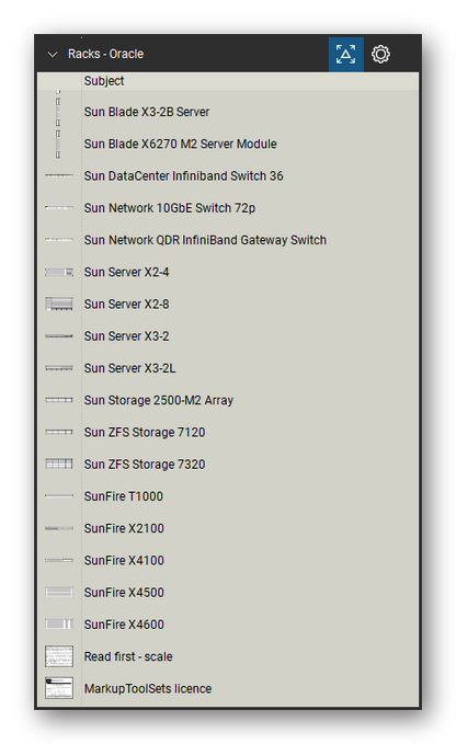 Racks tool set for Bluebeam Revu, Oracle set (part 2 of 2) - 37 Oracle devices: Netra and SPARC servers, Sun Blade 6000 enclosure and modules, Sun and SunFire servers, Sun ZFS storage and Sun network switches. Tool Chest in Detail view, one row per tool with its name.