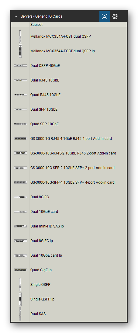 Servers tool set for Bluebeam Revu, Generic IO Cards set (tools 1-20 of 68) - 20 tools: Mellanox MCX354A-FCBT dual QSFP, Mellanox MCX354A-FCBT dual QSFP lp, Dual QSFP 40GbE, Dual RJ45 10GbE, Quad RJ45 10GbE, Dual SFP 10GbE, Quad SFP 10GbE, GS-3000-1G-RJ45-4 1GbE RJ45 4-port Add, GS-3000-10G-RJ45-2 10GbE RJ45 2-port Add, GS-3000-10G-SFP-2 10GbE SFP+ 2-port Add and 10 more. Tool Chest in Detail view, one row per tool with its name.