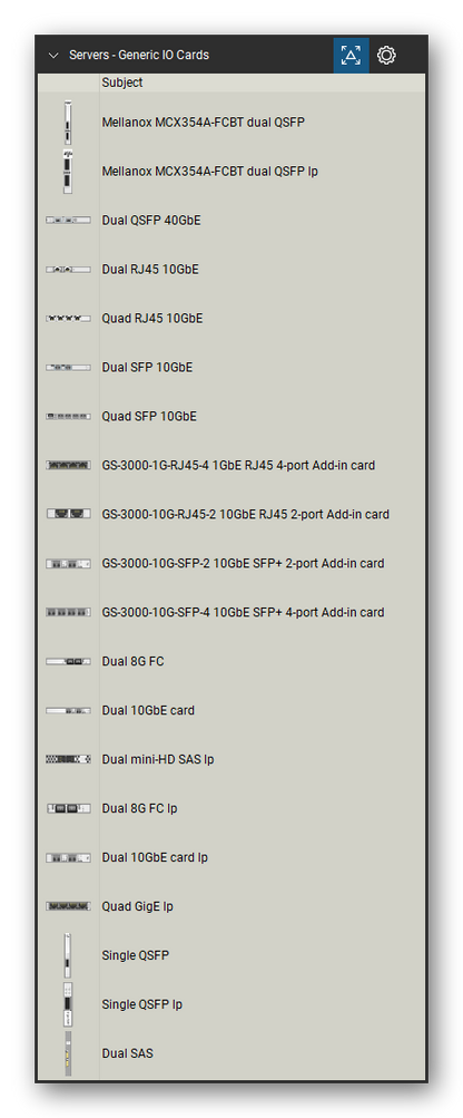 Servers tool set for Bluebeam Revu, Generic IO Cards set (tools 1-20 of 68) - 20 tools: Mellanox MCX354A-FCBT dual QSFP, Mellanox MCX354A-FCBT dual QSFP lp, Dual QSFP 40GbE, Dual RJ45 10GbE, Quad RJ45 10GbE, Dual SFP 10GbE, Quad SFP 10GbE, GS-3000-1G-RJ45-4 1GbE RJ45 4-port Add, GS-3000-10G-RJ45-2 10GbE RJ45 2-port Add, GS-3000-10G-SFP-2 10GbE SFP+ 2-port Add and 10 more. Tool Chest in Detail view, one row per tool with its name.