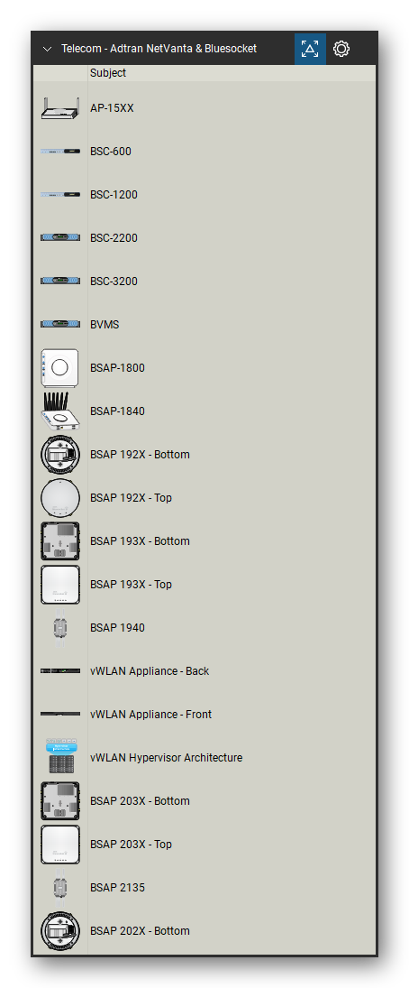 Telecom, Voice & Wireless tool set for Bluebeam Revu, Adtran NetVanta & Bluesocket set (tools 1-20 of 117) - 20 views of 16 devices, front, rear, top and bottom: AP-15XX, BSC-600, BSC-1200, BSC-2200, BSC-3200, BVMS, BSAP-1800, BSAP-1840, BSAP 192X, BSAP 193X and 6 more. Tool Chest in Detail view, one row per tool with its name.
