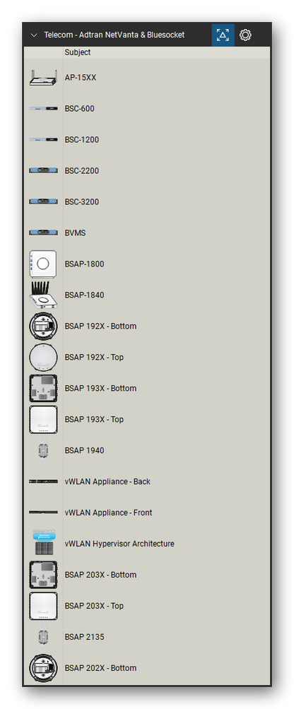 Telecom, Voice & Wireless tool set for Bluebeam Revu, Adtran NetVanta & Bluesocket set (tools 1-20 of 117) - 20 views of 16 devices, front, rear, top and bottom: AP-15XX, BSC-600, BSC-1200, BSC-2200, BSC-3200, BVMS, BSAP-1800, BSAP-1840, BSAP 192X, BSAP 193X and 6 more. Tool Chest in Detail view, one row per tool with its name.