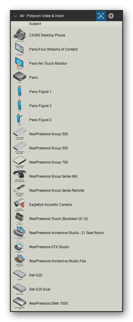 AV, Broadcast & Stage Lighting tool set for Bluebeam Revu, Polycom Video & Voice set (tools 21-40 of 77) - 20 tools: CX300 Desktop Phone, Pano-Four Streams of Content, Pano-No Touch Monitor, Pano, Pano Figure 1, Pano Figure 2, Pano Figure 3, RealPresence Group 300, RealPresence Group 500, RealPresence Group 700 and 10 more. Tool Chest in Detail view, one row per tool with its name.