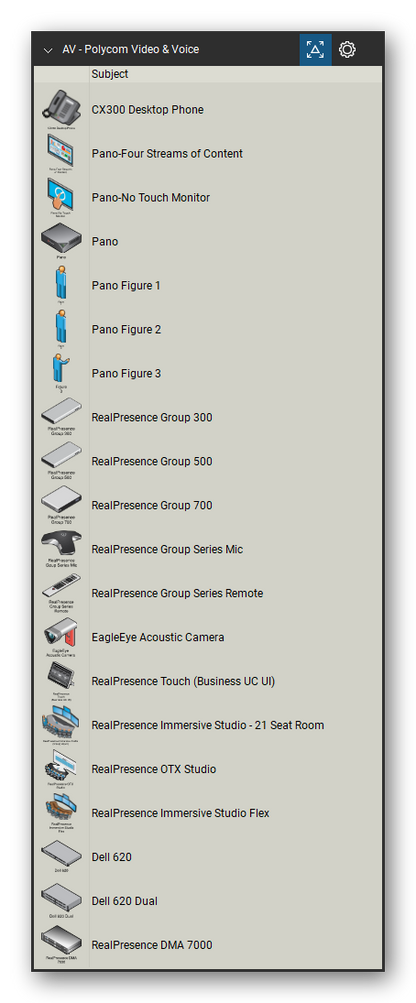 AV, Broadcast & Stage Lighting tool set for Bluebeam Revu, Polycom Video & Voice set (tools 21-40 of 77) - 20 tools: CX300 Desktop Phone, Pano-Four Streams of Content, Pano-No Touch Monitor, Pano, Pano Figure 1, Pano Figure 2, Pano Figure 3, RealPresence Group 300, RealPresence Group 500, RealPresence Group 700 and 10 more. Tool Chest in Detail view, one row per tool with its name.