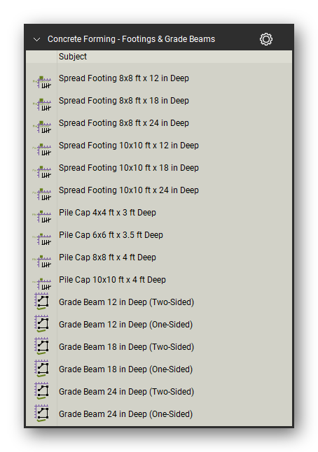 Footings and grade beams in the Concrete Forming Takeoff & Estimating Bluebeam tool set (sheet 3 of 4)