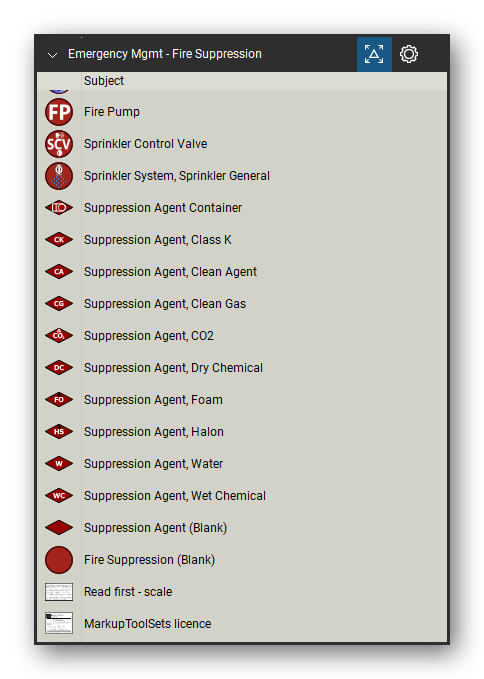 Incident & Emergency Management tool set for Bluebeam Revu, Fire Suppression set (tools 34-48 of 48) - 15 tools: Fire Pump, Sprinkler Control Valve, Sprinkler System, Sprinkler General, Suppression Agent Container, Suppression Agent, Class K, Suppression Agent, Clean Agent, Suppression Agent, Clean Gas, Suppression Agent, CO2, Suppression Agent, Dry Chemical, Suppression Agent, Foam and 5 more. Tool Chest in Detail view, one row per tool with its name.