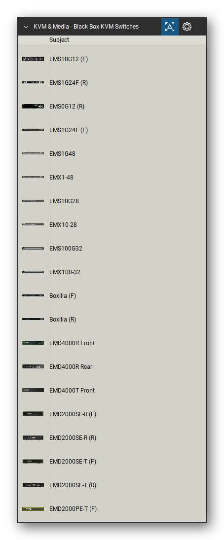 KVM, Console Servers & Media Converters tool set for Bluebeam Revu, Black Box KVM Switches set (tools 1-20 of 154) - 20 views of 15 devices, front and rear: EMS10G12, EMS1G24F, EMS0G12, EMS1G48, EMX1-48, EMS10G28, EMX10-28, EMS100G32, EMX100-32, Boxilla and 5 more. Tool Chest in Detail view, one row per tool with its name.
