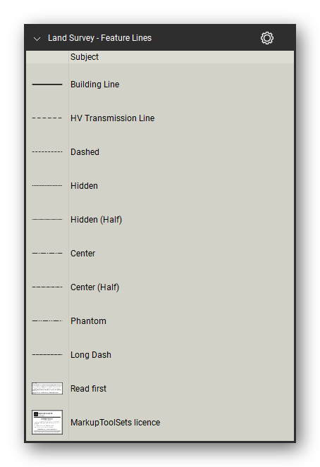 Land Survey tool set for Bluebeam Revu, Feature Lines set (part 2 of 2) - 19 feature lines: top and bottom of wall, drainage channel, change of grade, road bitumen edge, kerb and channel invert, kerb lip, kerb top front and back, concrete edge, building line, HV transmission line, dashed, hidden, center, phantom and long dash. Tool Chest in Detail view, one row per tool with its full name.