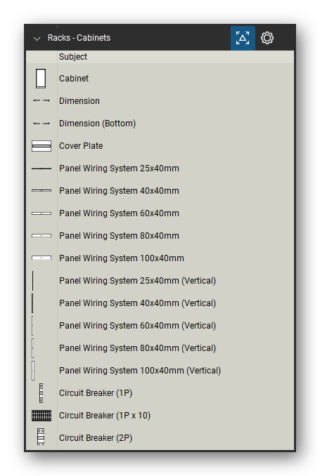 Racks tool set for Bluebeam Revu, Electrical Cabinets set (part 1 of 4) - 67 cabinet components: cabinet with Revu Dimension markups, panel wiring ducts with editable size labels, circuit breakers, MCCBs, contactors, motor starters, overcurrent relays, residual current and surge protection devices, distribution blocks, DIN rail and terminals. Tool Chest in Detail view, one row per tool with its name.