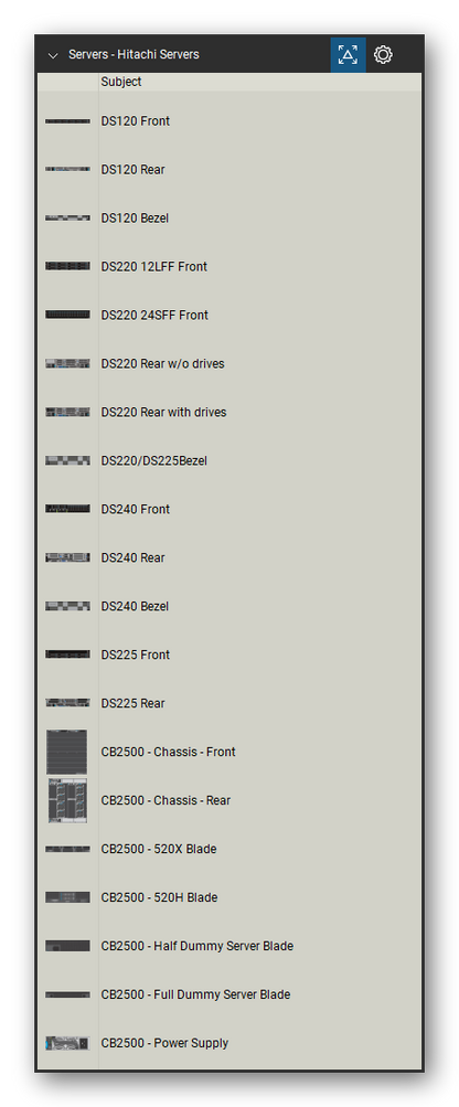 Servers tool set for Bluebeam Revu, Hitachi Servers set (tools 1-20 of 99) - 20 views of 16 devices, front and rear: DS120, DS120 Bezel, DS220 12LFF, DS220 24SFF, DS220 Rear w/o drives, DS220 Rear with drives, DS220/DS225Bezel, DS240, DS240 Bezel, DS225 and 6 more. Tool Chest in Detail view, one row per tool with its name.