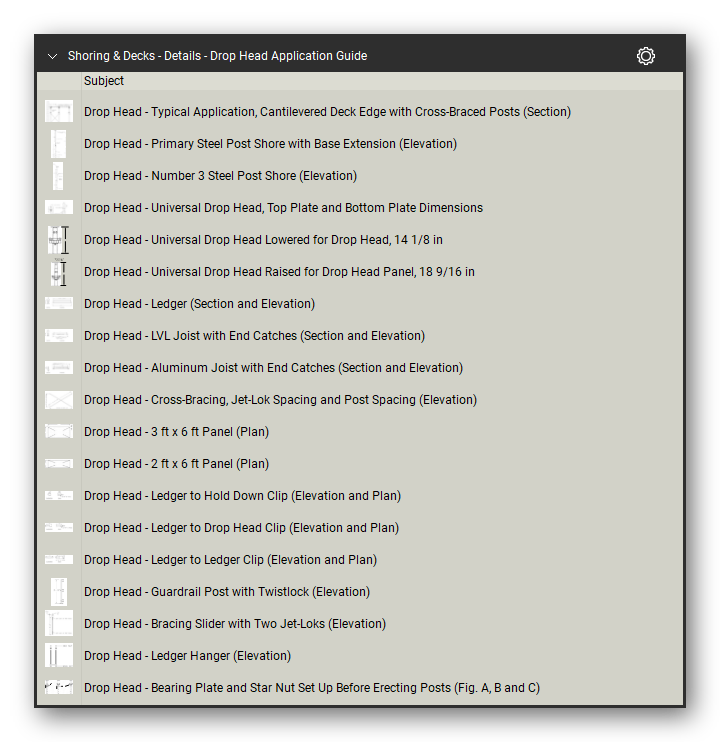 Details drop head application guide in the Shoring & Elevated Decks Takeoff & Estimating Bluebeam tool set (sheet 1 of 5)