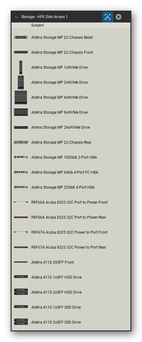 Storage & Backup tool set for Bluebeam Revu, HPE Disk Arrays 1 set (tools 1-20 of 233) - 20 views of 17 devices, front and rear: Alletra Storage MP 2U Chassis Bezel, Alletra Storage MP 2U Chassis, Alletra Storage MP 1xNVMe Drive, Alletra Storage MP 2xNVMe Drive, Alletra Storage MP 4xNVMe Drive, Alletra Storage MP 8xNVMe Drive, Alletra Storage MP 24xNVMe Drive, Alletra Storage MP 100GbE 2-Port HBA, Alletra Storage MP 64Gb 4-Port FC HBA and more. Tool Chest in Detail view, one row per tool with its name.