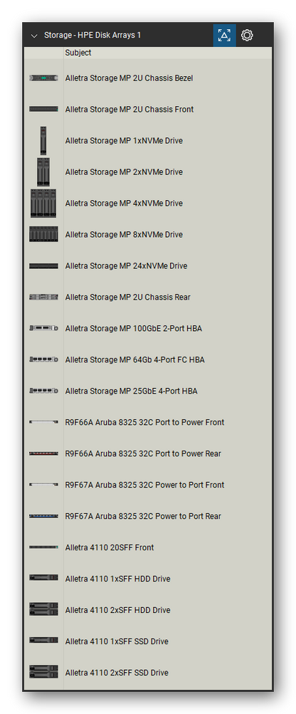 Storage & Backup tool set for Bluebeam Revu, HPE Disk Arrays 1 set (tools 1-20 of 233) - 20 views of 17 devices, front and rear: Alletra Storage MP 2U Chassis Bezel, Alletra Storage MP 2U Chassis, Alletra Storage MP 1xNVMe Drive, Alletra Storage MP 2xNVMe Drive, Alletra Storage MP 4xNVMe Drive, Alletra Storage MP 8xNVMe Drive, Alletra Storage MP 24xNVMe Drive, Alletra Storage MP 100GbE 2-Port HBA, Alletra Storage MP 64Gb 4-Port FC HBA and more. Tool Chest in Detail view, one row per tool with its name.