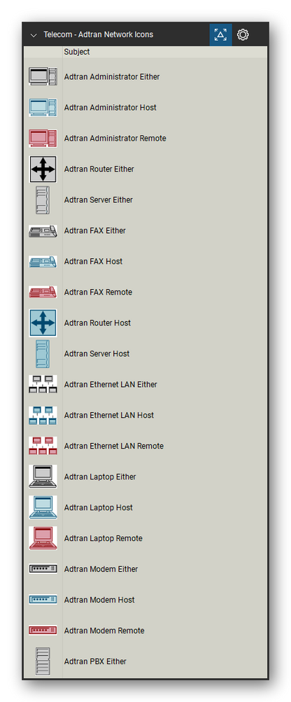 Telecom, Voice & Wireless tool set for Bluebeam Revu, Adtran Network Icons set (tools 1-20 of 36) - 20 tools: Adtran Administrator Either, Adtran Administrator Host, Adtran Administrator Remote, Adtran Router Either, Adtran Server Either, Adtran FAX Either, Adtran FAX Host, Adtran FAX Remote, Adtran Router Host, Adtran Server Host and 10 more. Tool Chest in Detail view, one row per tool with its name.