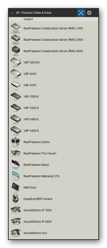 AV, Broadcast & Stage Lighting tool set for Bluebeam Revu, Polycom Video & Voice set (tools 41-59 of 77) - 19 tools: RealPresence Collaboration Server (RMX) 1500, RealPresence Collaboration Server (RMX) 2000, RealPresence Collaboration Server (RMX) 4000, VBP 200 EW, VBP 4350, VBP 4555, VBP 5300-E, VBP 5300-S, VBP 6400-E, VBP 6400-S and 9 more. Tool Chest in Detail view, one row per tool with its name.