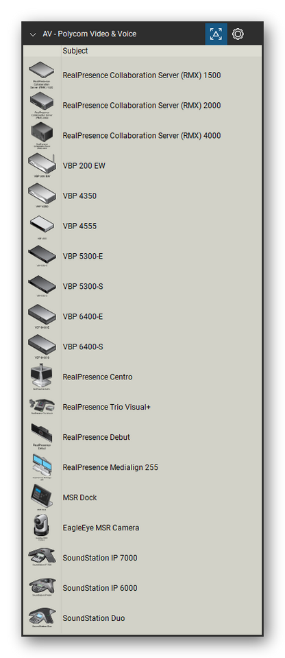 AV, Broadcast & Stage Lighting tool set for Bluebeam Revu, Polycom Video & Voice set (tools 41-59 of 77) - 19 tools: RealPresence Collaboration Server (RMX) 1500, RealPresence Collaboration Server (RMX) 2000, RealPresence Collaboration Server (RMX) 4000, VBP 200 EW, VBP 4350, VBP 4555, VBP 5300-E, VBP 5300-S, VBP 6400-E, VBP 6400-S and 9 more. Tool Chest in Detail view, one row per tool with its name.
