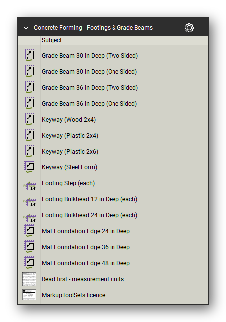 Footings and grade beams in the Concrete Forming Takeoff & Estimating Bluebeam tool set (sheet 4 of 4)