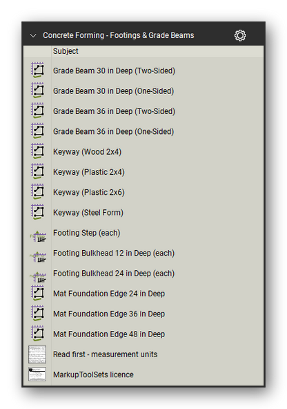 Footings and grade beams in the Concrete Forming Takeoff & Estimating Bluebeam tool set (sheet 4 of 4)
