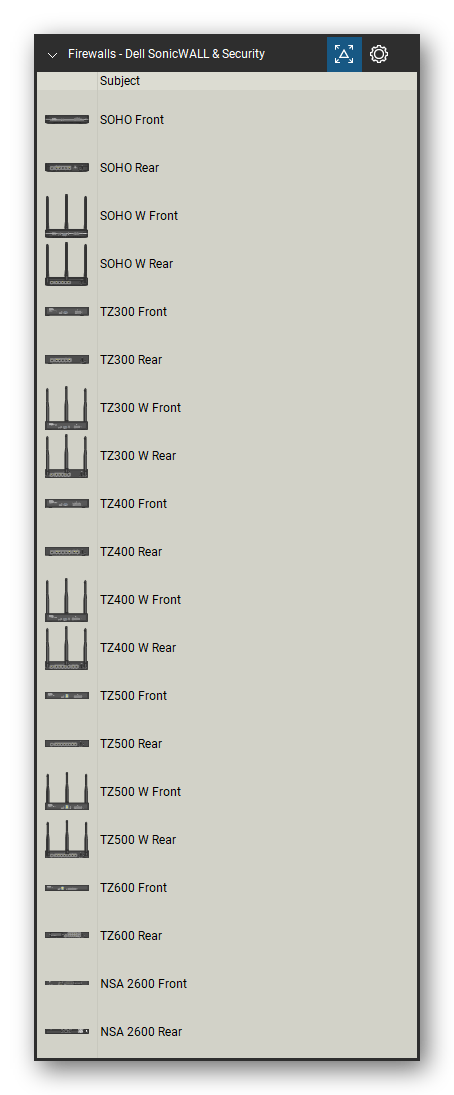 Firewalls & Security Appliances tool set for Bluebeam Revu, Dell SonicWALL & Security set (tools 1-20 of 30) - 20 views of 10 devices, front and rear: SOHO, SOHO W, TZ300, TZ300 W, TZ400, TZ400 W, TZ500, TZ500 W, TZ600 and NSA 2600. Tool Chest in Detail view, one row per tool with its name.