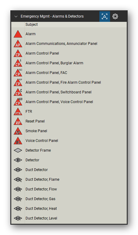 Incident & Emergency Management tool set for Bluebeam Revu, Alarms & Detectors set (tools 1-20 of 37) - 20 tools: Alarm, Alarm Communications, Annunciator Panel, Alarm Control Panel, Alarm Control Panel, Burglar Alarm, Alarm Control Panel, FAC, Alarm Control Panel, Fire Alarm Control, Alarm Control Panel, Switchboard Panel, Alarm Control Panel, Voice Control Panel, FTR, Reset Panel and 10 more. Tool Chest in Detail view, one row per tool with its name.