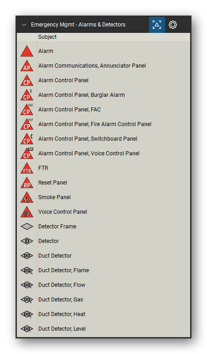 Incident & Emergency Management tool set for Bluebeam Revu, Alarms & Detectors set (tools 1-20 of 37) - 20 tools: Alarm, Alarm Communications, Annunciator Panel, Alarm Control Panel, Alarm Control Panel, Burglar Alarm, Alarm Control Panel, FAC, Alarm Control Panel, Fire Alarm Control, Alarm Control Panel, Switchboard Panel, Alarm Control Panel, Voice Control Panel, FTR, Reset Panel and 10 more. Tool Chest in Detail view, one row per tool with its name.