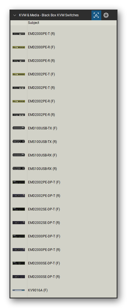 KVM, Console Servers & Media Converters tool set for Bluebeam Revu, Black Box KVM Switches set (tools 21-40 of 154) - 20 views of 12 devices, front and rear: EMD2000PE-T, EMD2000PE-R, EMD2002PE-T, EMD2002PE-R, EMD100USB-TX, EMS100USB-TX, EMS100USB-RX, EMD2002PE-DP-T, EMD2002SE-DP-T, EMD2000PE-DP-T and 2 more. Tool Chest in Detail view, one row per tool with its name.