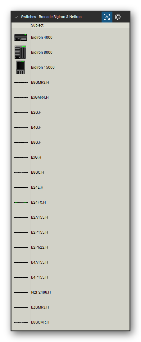 Network Switches & Routers tool set for Bluebeam Revu, Brocade BigIron & NetIron set (tools 1-20 of 231) - 20 tools: BigIron 4000, BigIron 8000, BigIron 15000, B8GMR3.H, BxGMR4.H, B2G.H, B4G.H, B8G.H, BxG.H, B8GC.H and 10 more. Tool Chest in Detail view, one row per tool with its name.
